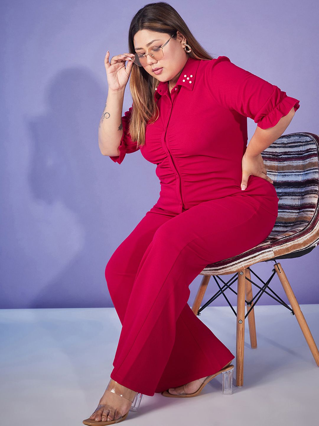 SASSAFRAS Curve Fuchsia Pink Plus Size Self Design Shirt With Trouser Co-Ords
