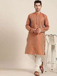 Sojanya Men Rust Orange & Cream-coloured Jacquard Woven Design Kurta With Churidar