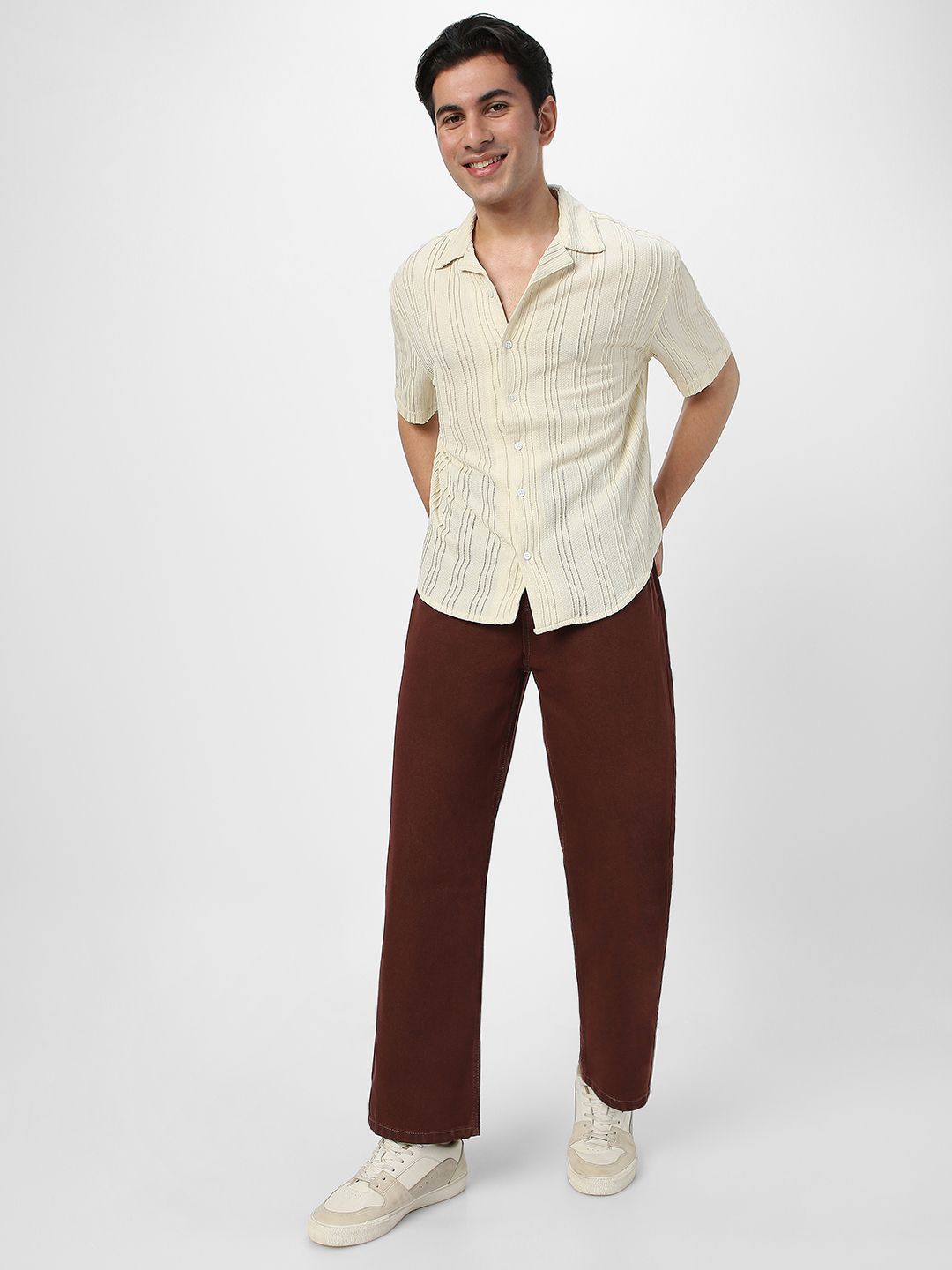 Urbano Fashion Oversized Fit Self Design Cuban Collar Cotton Casual Shirt