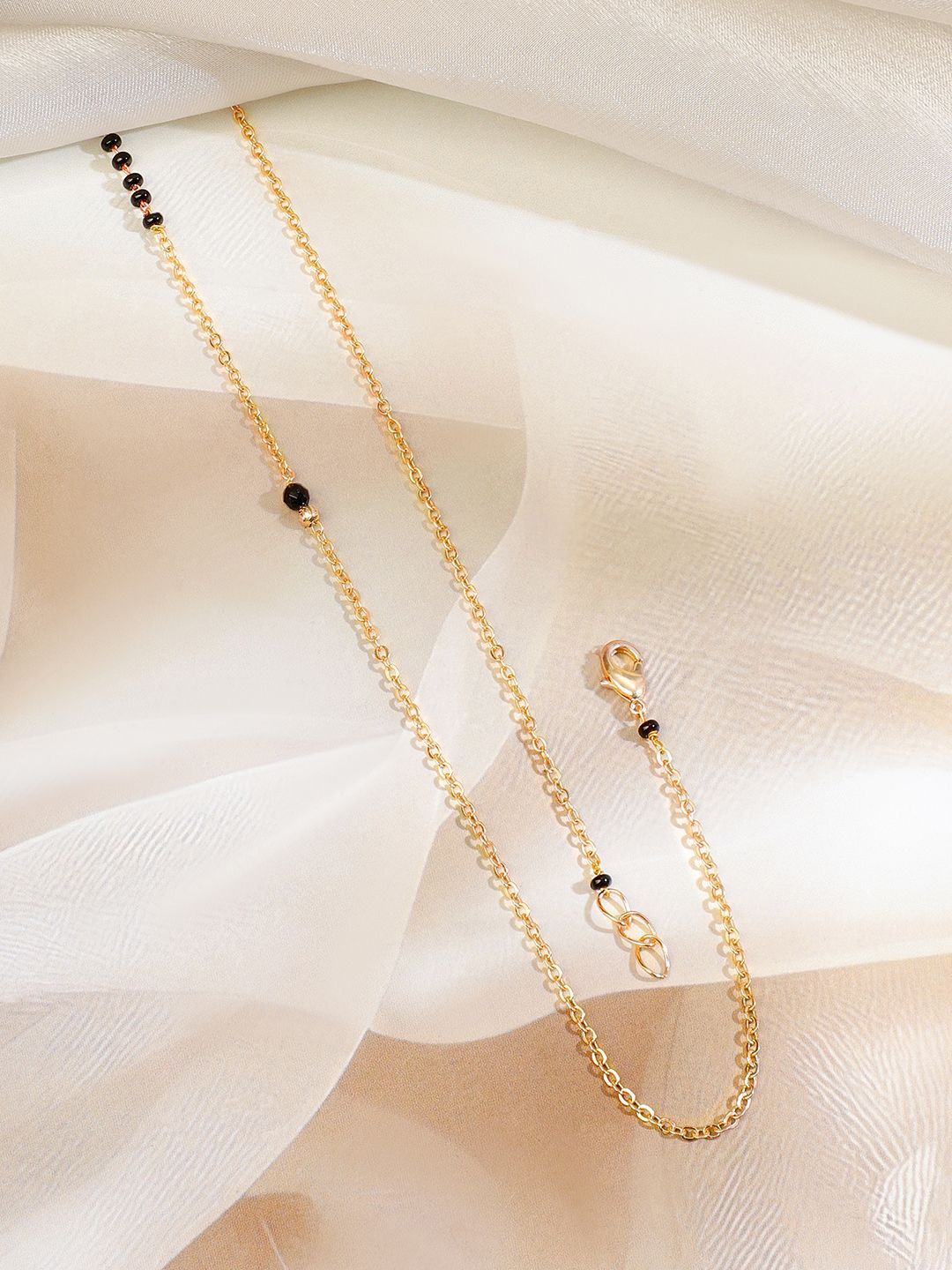 Rubans 18K Gold-Plated Ruby Pink & Cubic Zirconia Studded Black Beaded Mangalsutra Chain