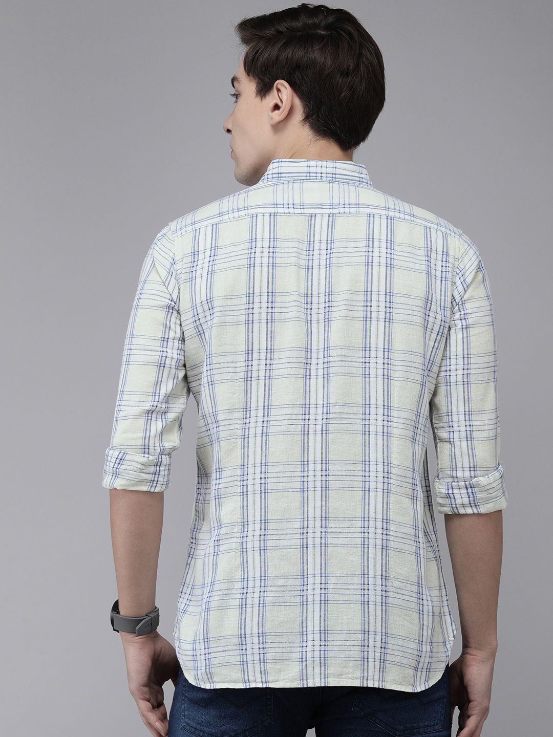 THE BEAR HOUSE Men Cream-Coloured Tartan Checked Pure Cotton Slim Fit Casual Shirt