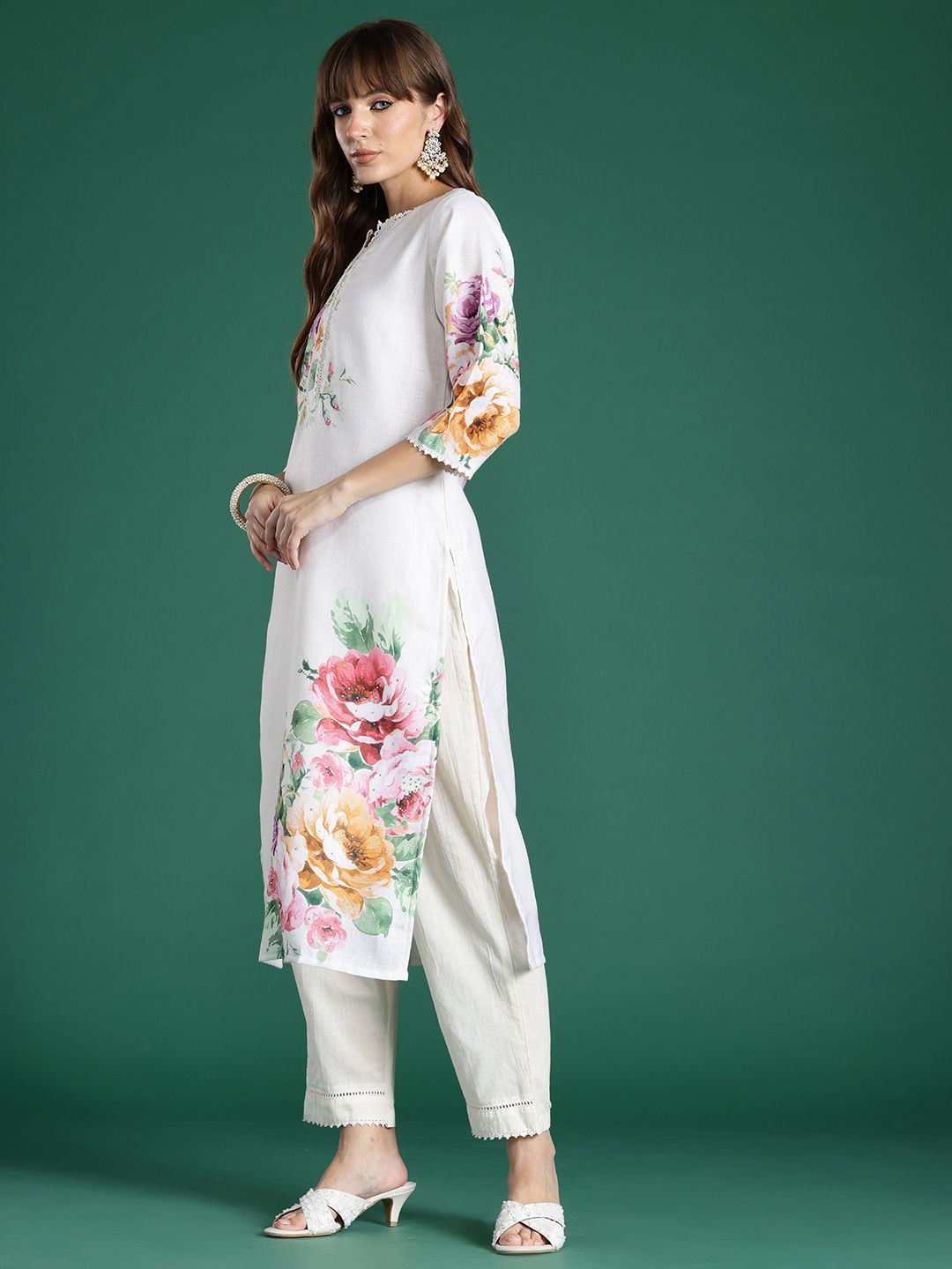 Indo Era Floral Printed Beads and Stones Linen Kurta with Trousers & With Dupatta