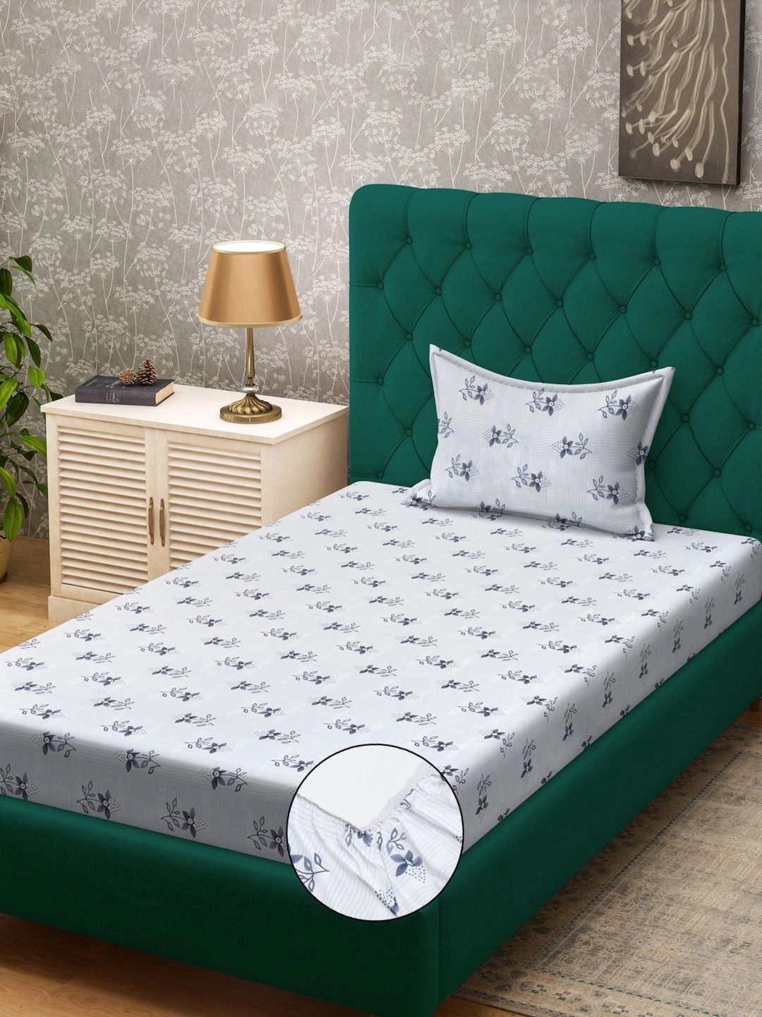 Myntra Elegant Homes White & Grey Floral 300 TC Single Bedsheet with 1 Pillow Covers