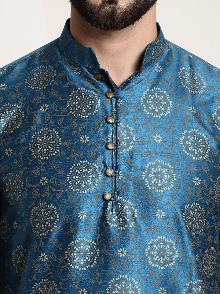 SOJANYA Men Teal Blue & Golden Ethnic Motifs Printed Kurta