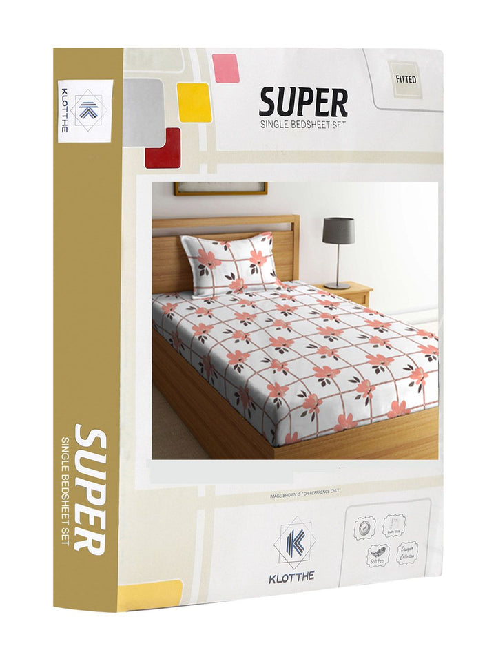 KLOTTHE White Floral Cotton 300 TC Fitted Single Fine Bedsheet with a Pillow Cover-59 x 89 inches
