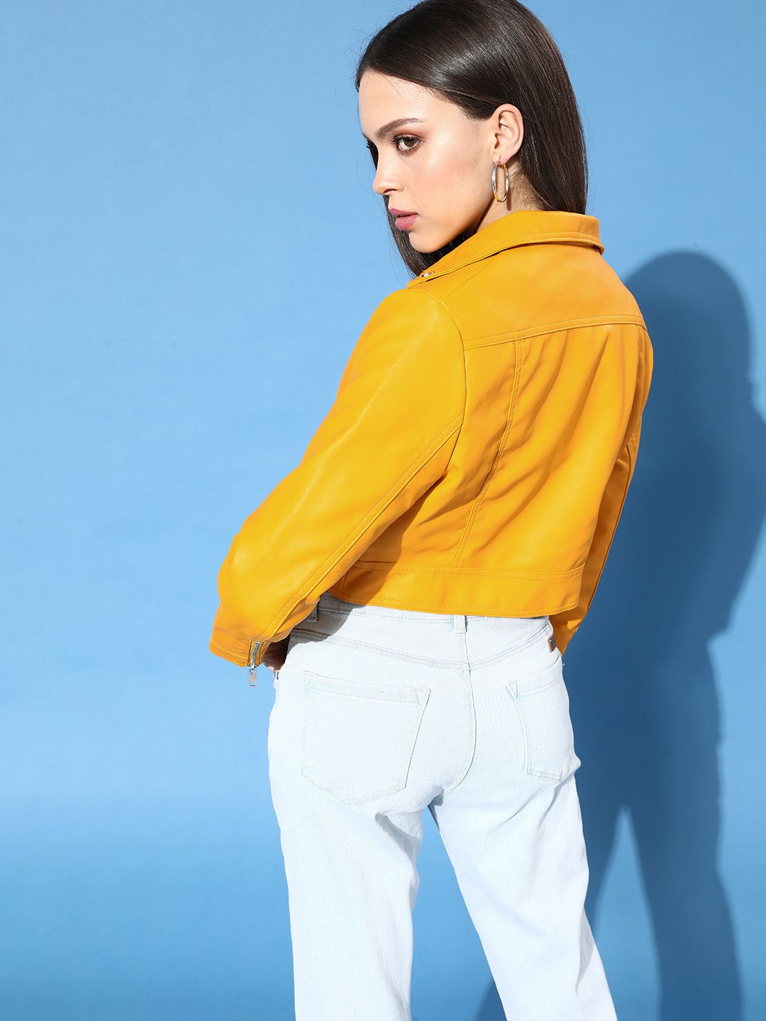 Tokyo Talkies Women Mustard Yellow Crop Biker Jacket