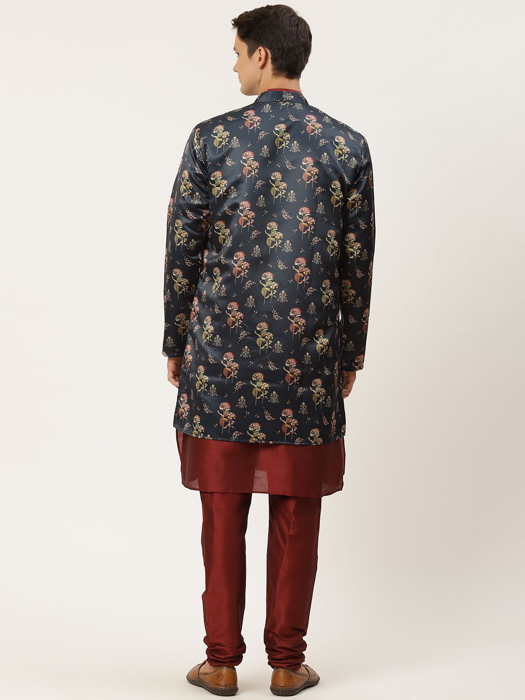 SOJANYA Men Navy Blue & Maroon Floral Print Kurta & Churidar with Tailored Jacket