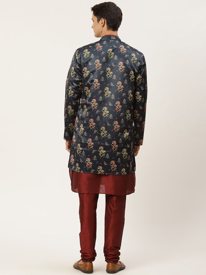 SOJANYA Men Navy Blue & Maroon Floral Print Kurta & Churidar with Tailored Jacket
