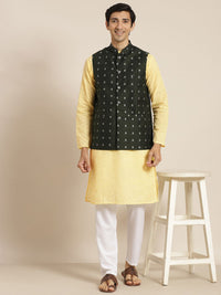 SOJANYA Kurta Kapas Tulen Chikankari Kuning Lelaki dengan Jaket Churidar & Nehru