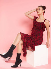 Antheaa Print Shoulder Straps Layered Chiffon Sheath Dress