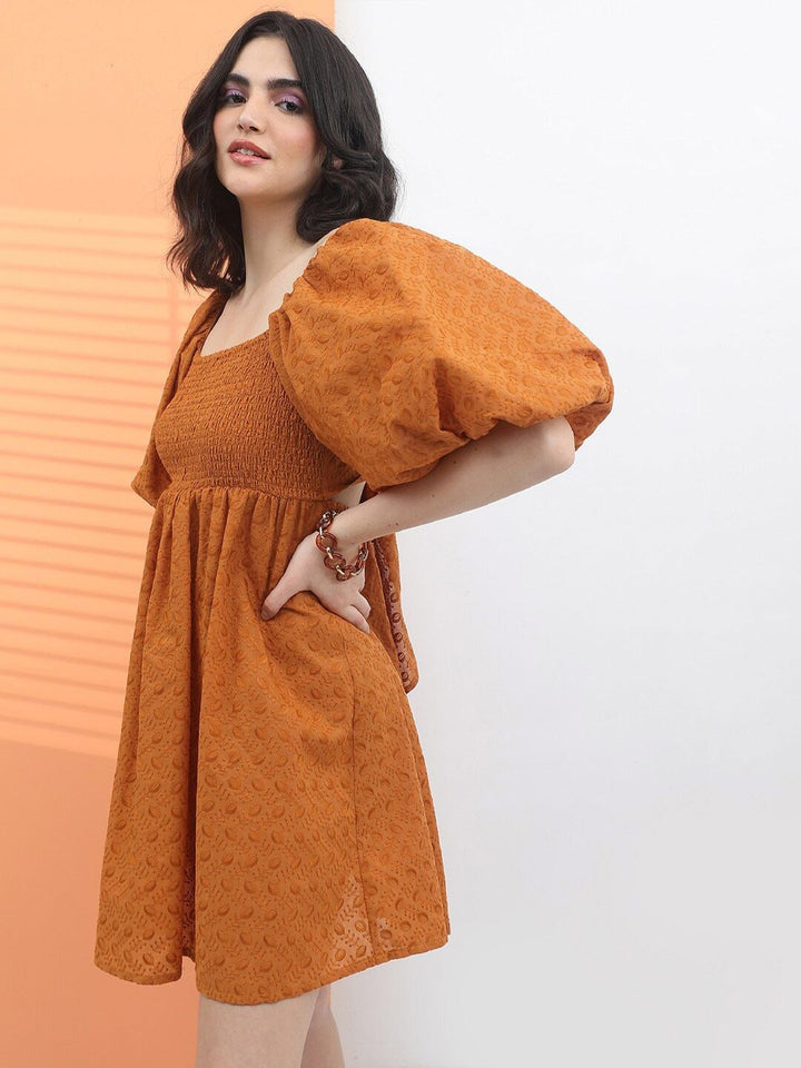 Tokyo Talkies Square Neck Self Design Fit & Flare Dress