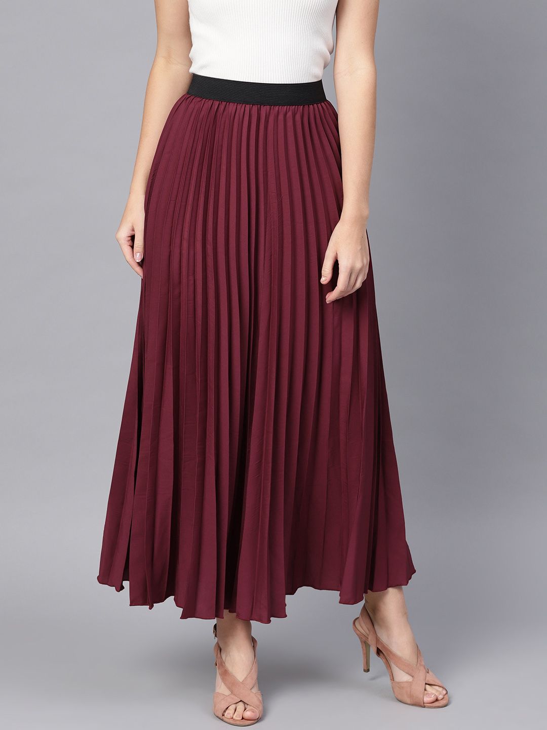 SASSAFRAS Burgundy Accordian Pleat Maxi Flared Skirt