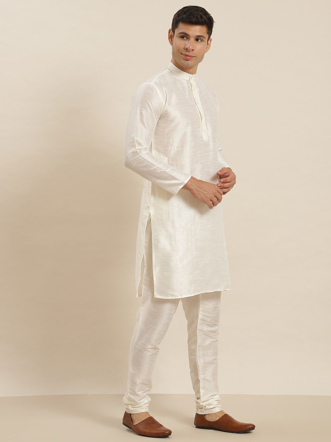 SOJANYA Band Collar Straight Kurta with Churidar & Nehru Jacket