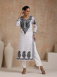 Rumah Wanita Chikankari Kurta Bersulam Mulmul Chikankari Putih