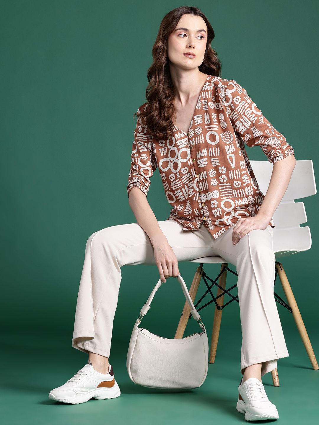 DressBerry Printed Ruched Sleeve Top