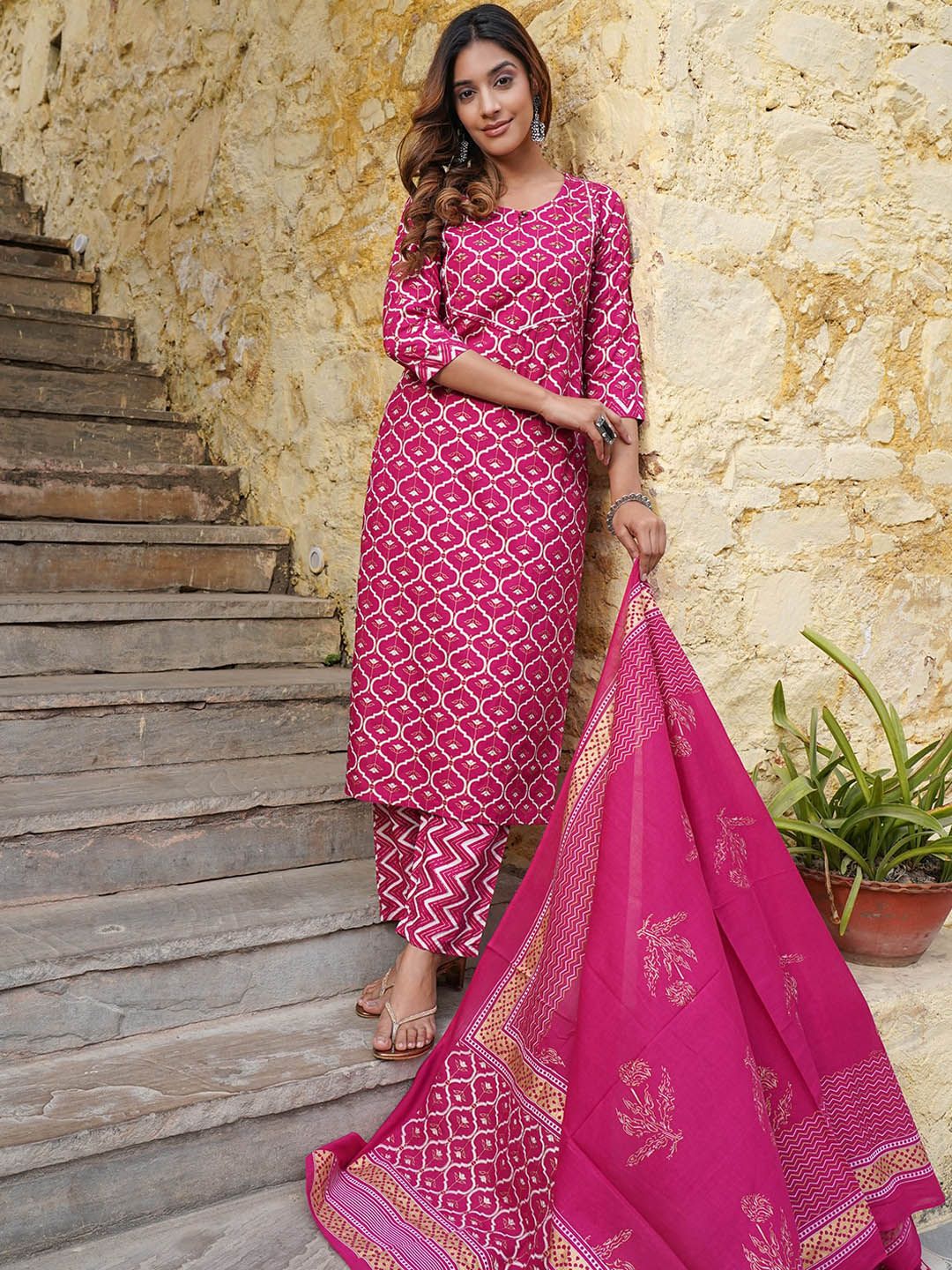 KALINI Keyhole Neck Ethnic Motifs Printed Regular Kurta with Trousers & With Dupatta