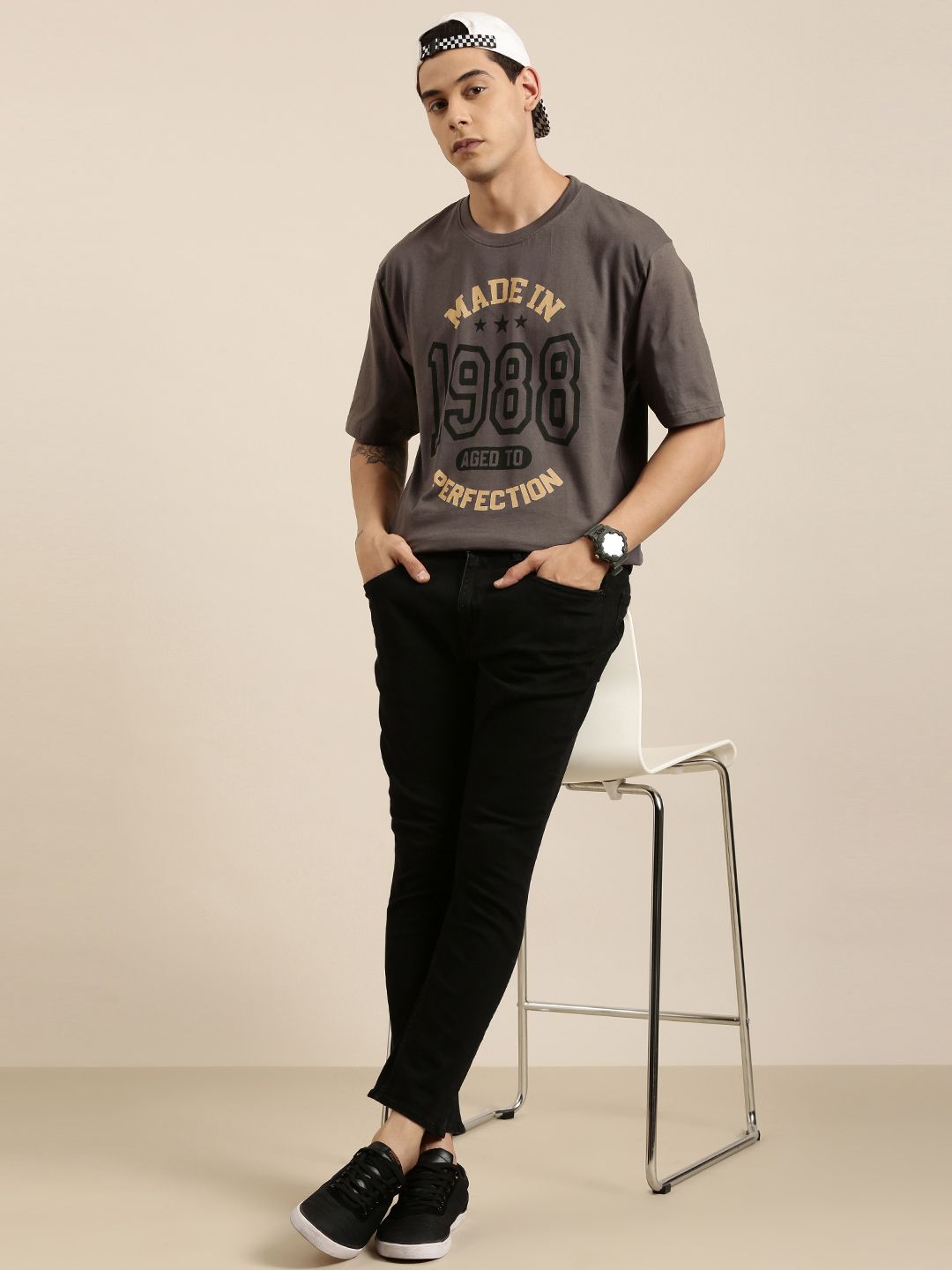 DILLINGER Men Grey Typography Printed Pure Cotton Oversized T-shirt