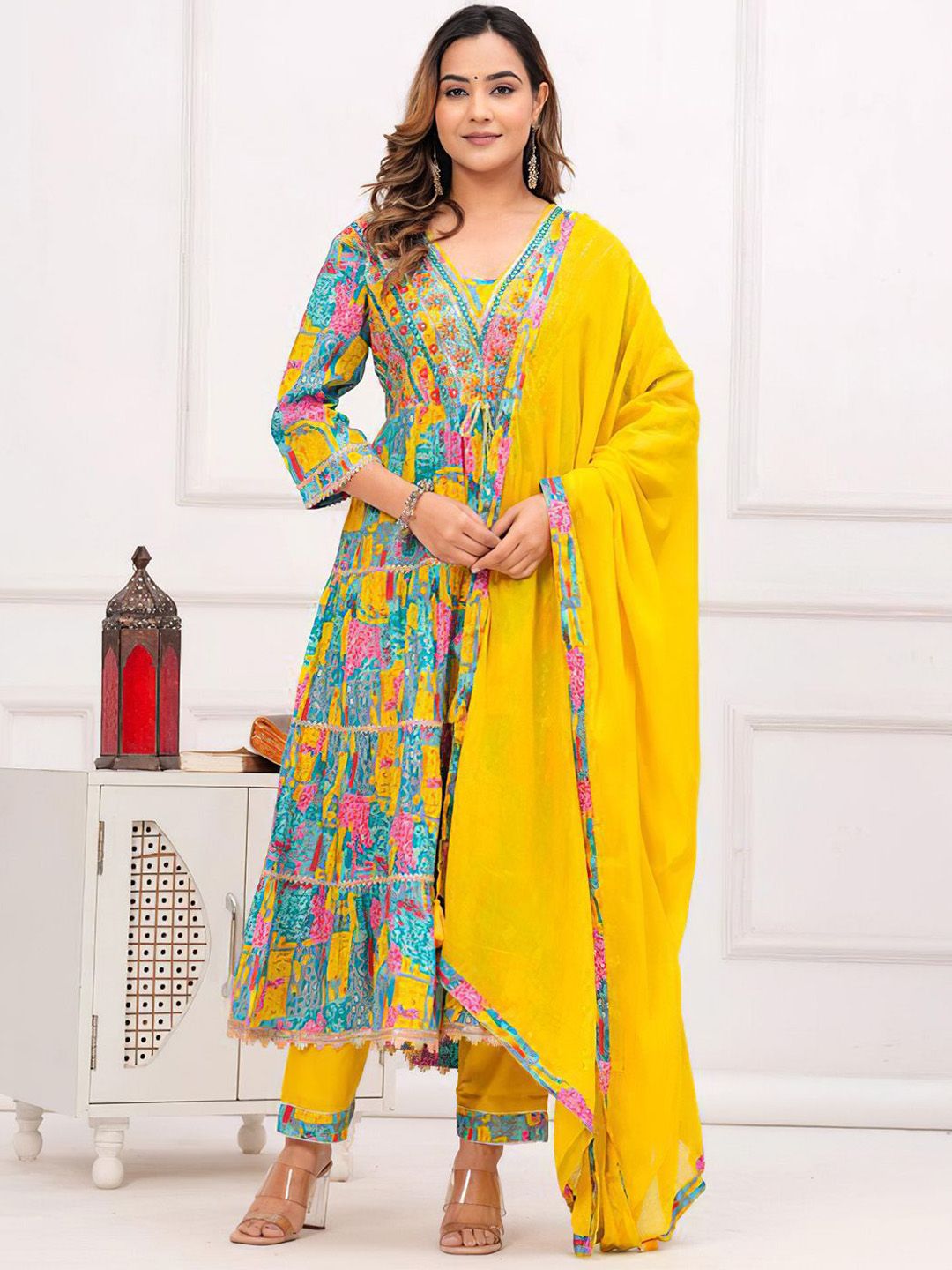 KALINI Floral Embroidered Mirror Work Anarkali Kurta With Trousers & Dupatta