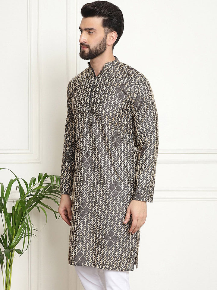 SOJANYA Kurta Katun Tulen Bersulam Geometrik Kolar Mandarin Lurus