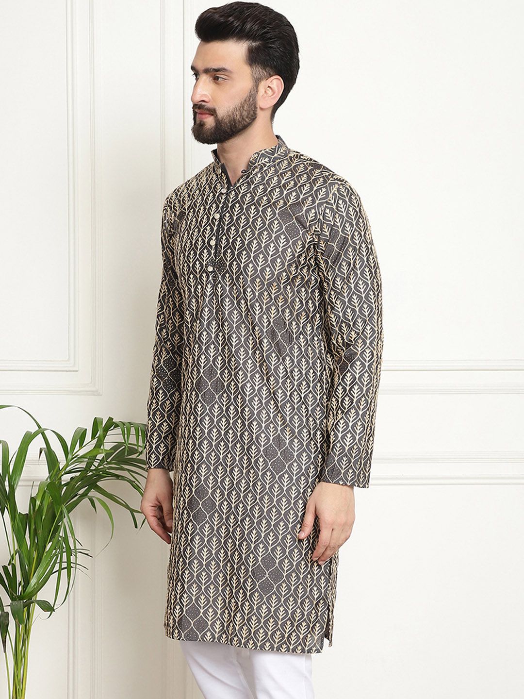 SOJANYA Kurta Katun Tulen Bersulam Geometrik Kolar Mandarin Lurus