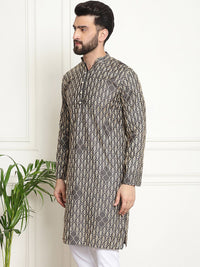 SOJANYA Kurta Katun Tulen Bersulam Geometrik Kolar Mandarin Lurus