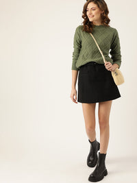 DressBerry Women Olive Green Geometric Design Pullover