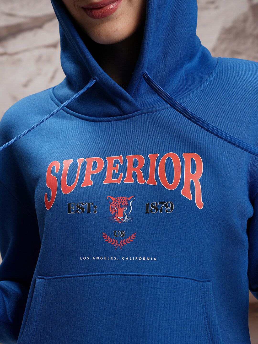 Tokyo Talkies Blue Typography Printed Hooded Relaxed Fit Sweatshirt