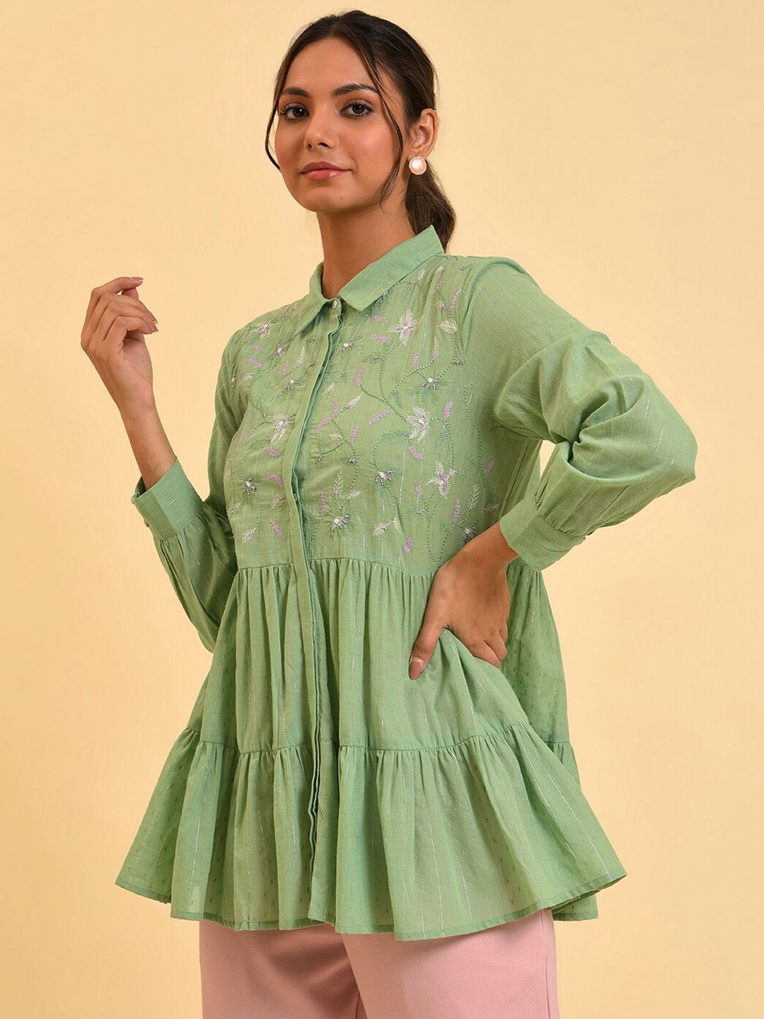W Green Floral Printed Cotton Shirt Style Top