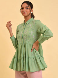 W Green Floral Printed Cotton Shirt Style Top
