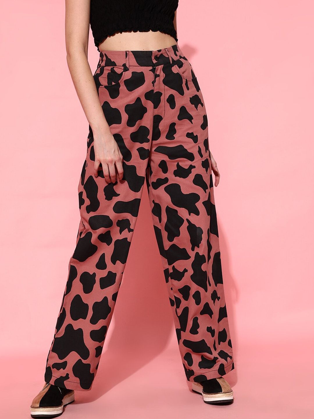 STREET 9 Women Animal Printed Smart Loose Fit High-Rise Regular Trousers