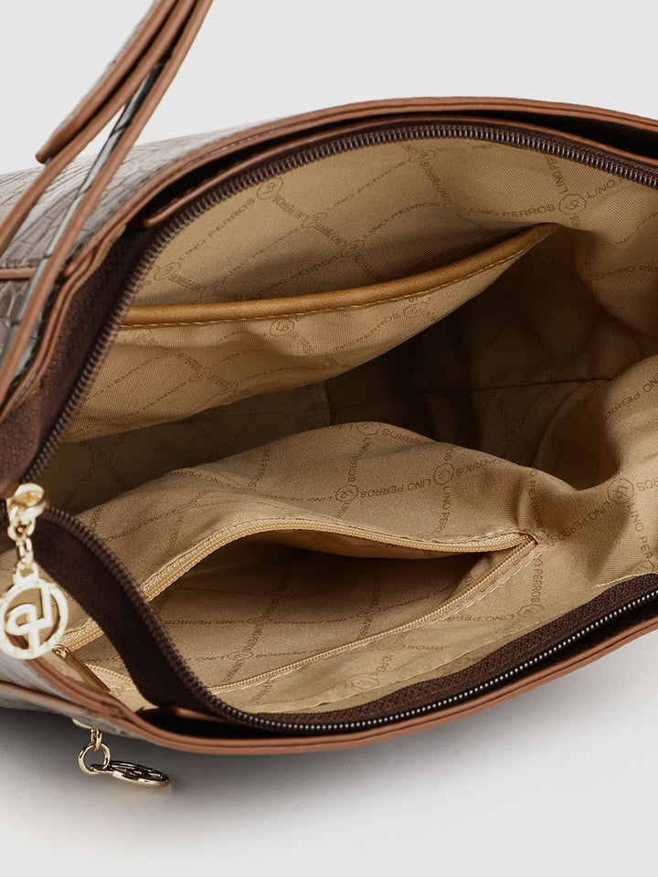 Lino Perros Coffee Brown Croc Textured Shoulder Bag