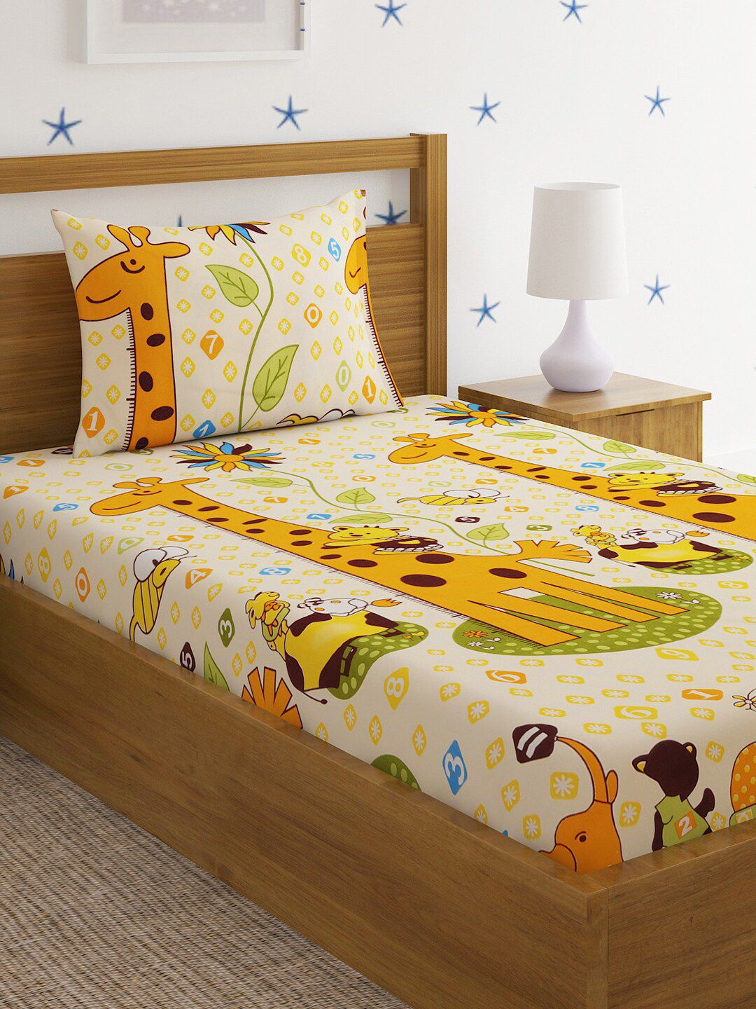 HOSTA HOMES Beige & Yellow Graphic 220 TC Single Bedsheet with 1 Pillow Covers