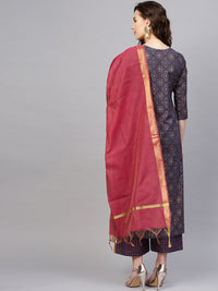 Indo Era Midnight Blue Foil Print Persian Mandala Pure Cotton Kurta Set