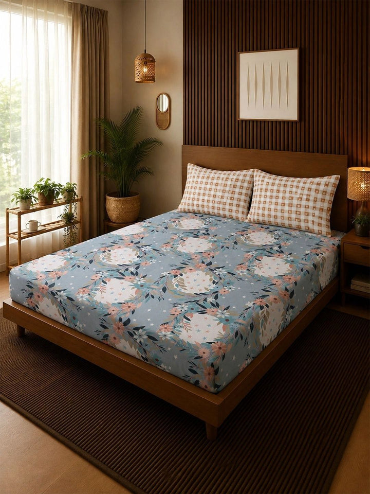 Moda Rapido X KLOTTHE Blue & Pink Floral 300 TC King Bedsheet with 2 Pillow Covers