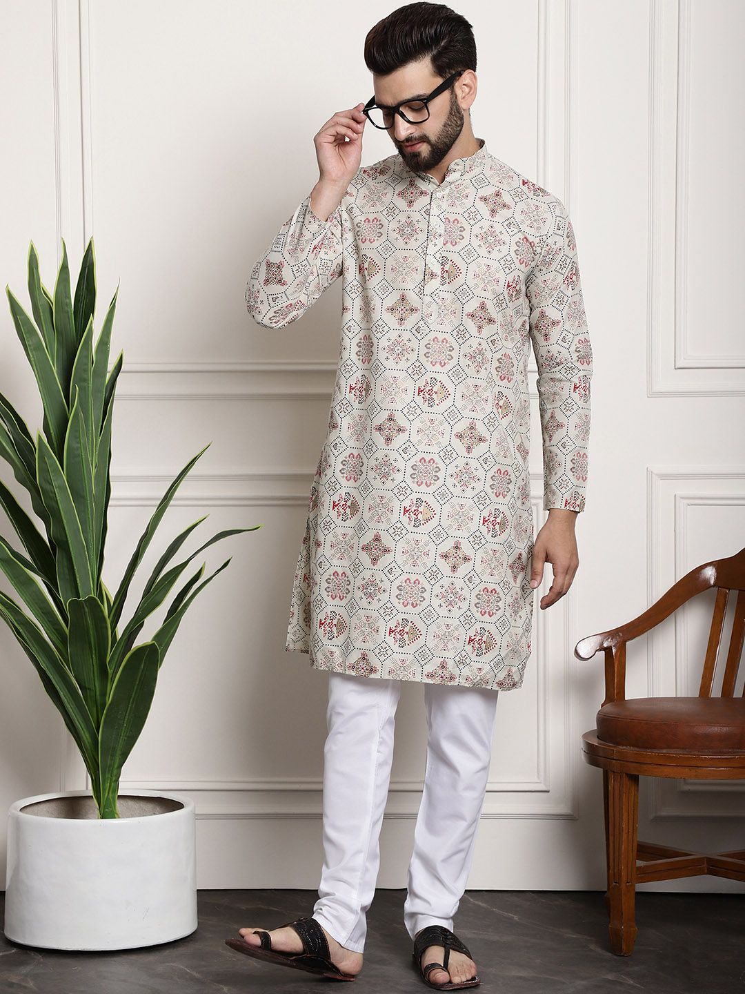 SOJANYA Men Beige Printed  Cotton Linen Kurta with Churidar