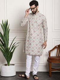 Sojanya Lelaki Beige Printed Cotton Linen Kurta dengan Churidar