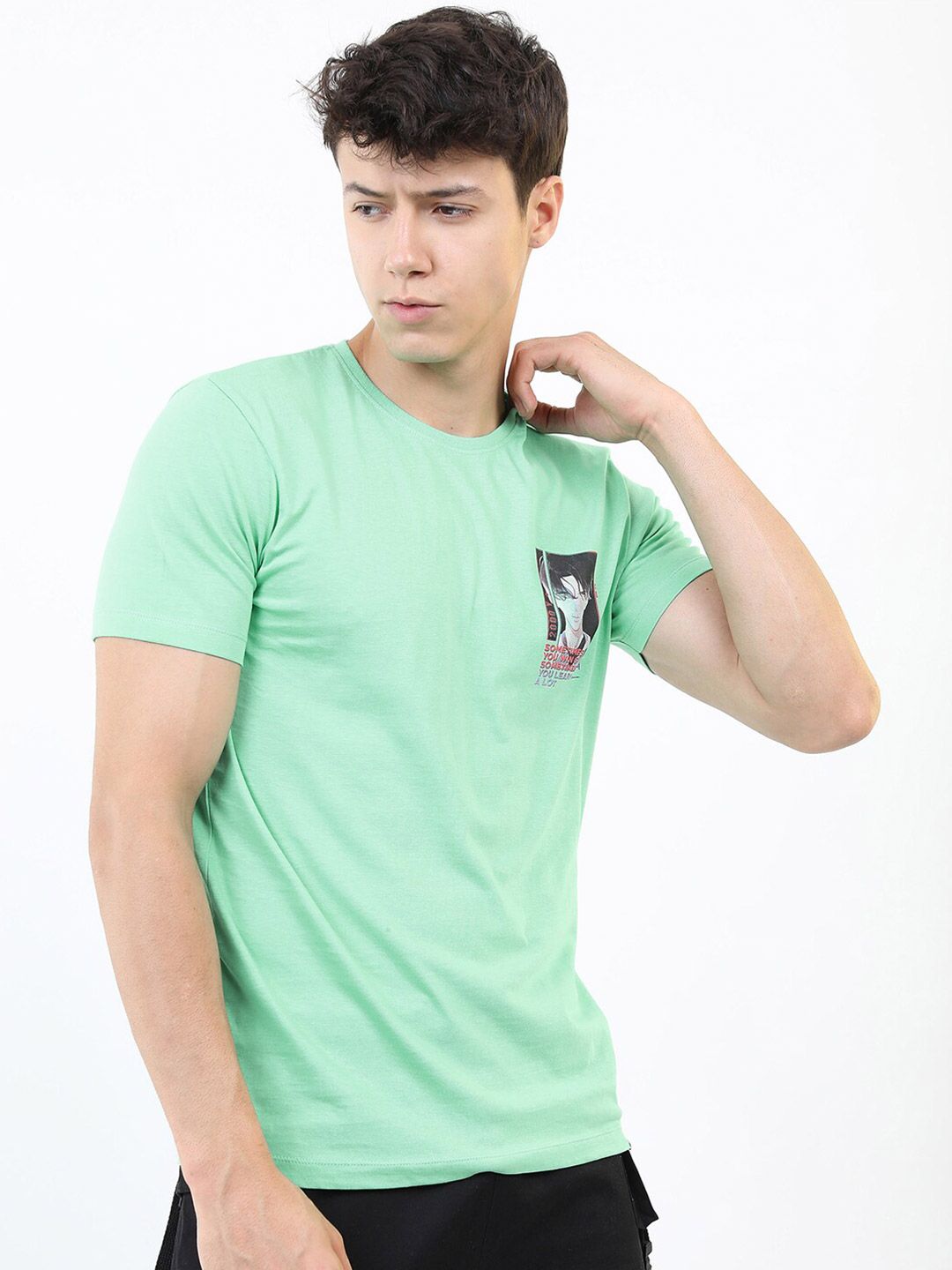 HIGHLANDER Men Green Printed Raw Edge Slim Fit T-shirt