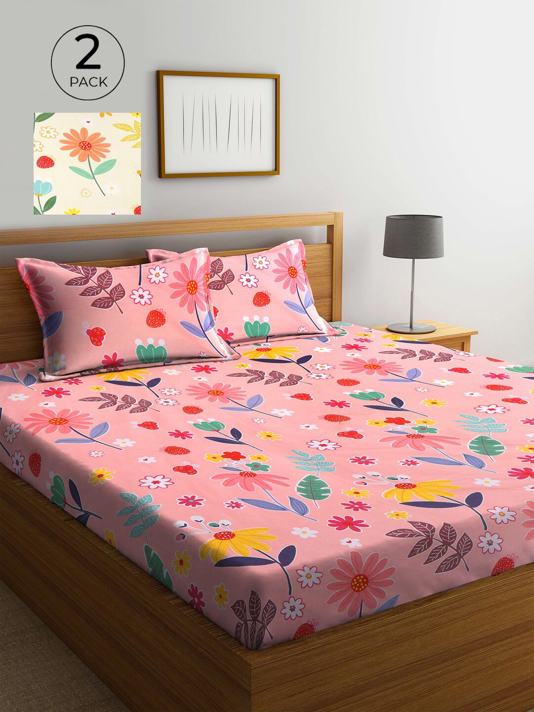 Pink & Yellow Floral 300 TC 2 Cadar Katil Raja dengan 4 Sarung Bantal
