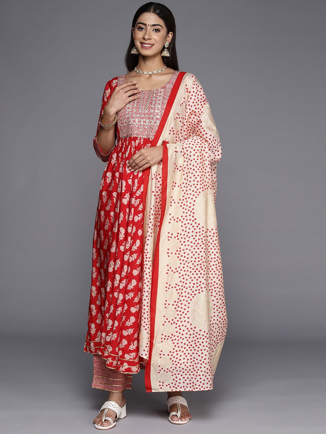 Libas Women Floral Printed Pleated Gotta Patti Kurta with Trousers & With Dupatta