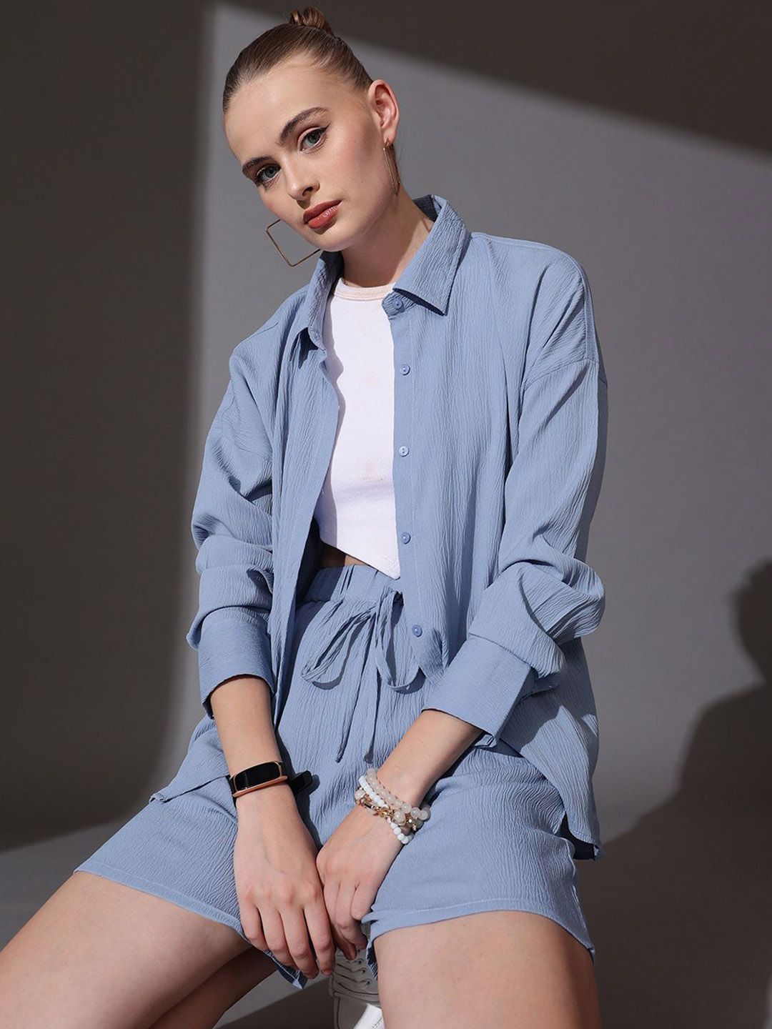 STREET 9 Self Design Shirt Collar Neck Shirt With Shorts Co-Ords