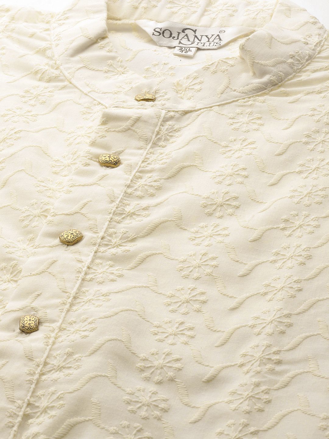 SOJANYA PLUS Men Plus Size Off White Chikankari Embroidered Pure Cotton Straight Kurta