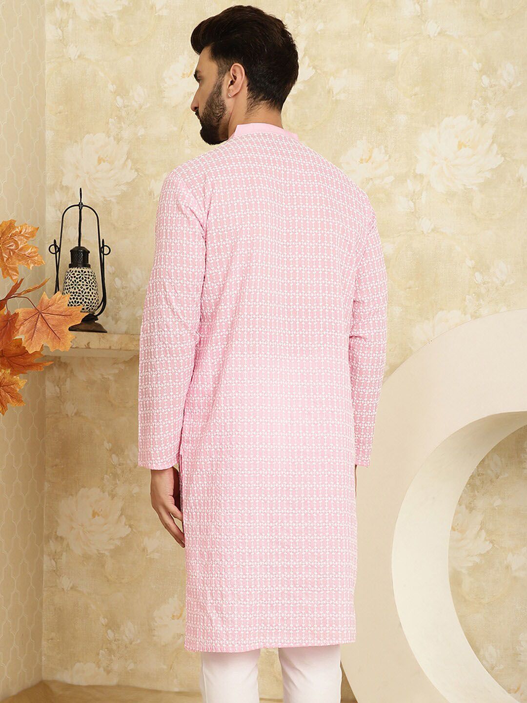 SOJANYA Floral Embroidered Band Collar Pastels Pure Cotton Straight Kurta