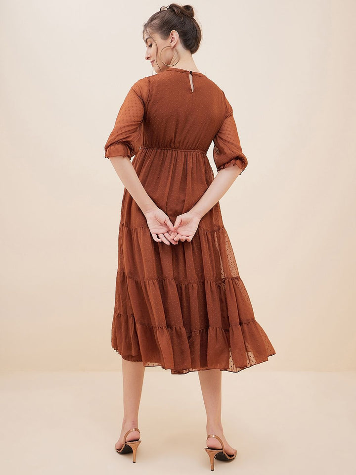 Antheaa Brown Dobby Woven Embellished Maxi Tiered Dress