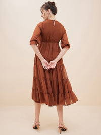 Antheaa Brown Dobby Woven Embellished Maxi Tiered Dress