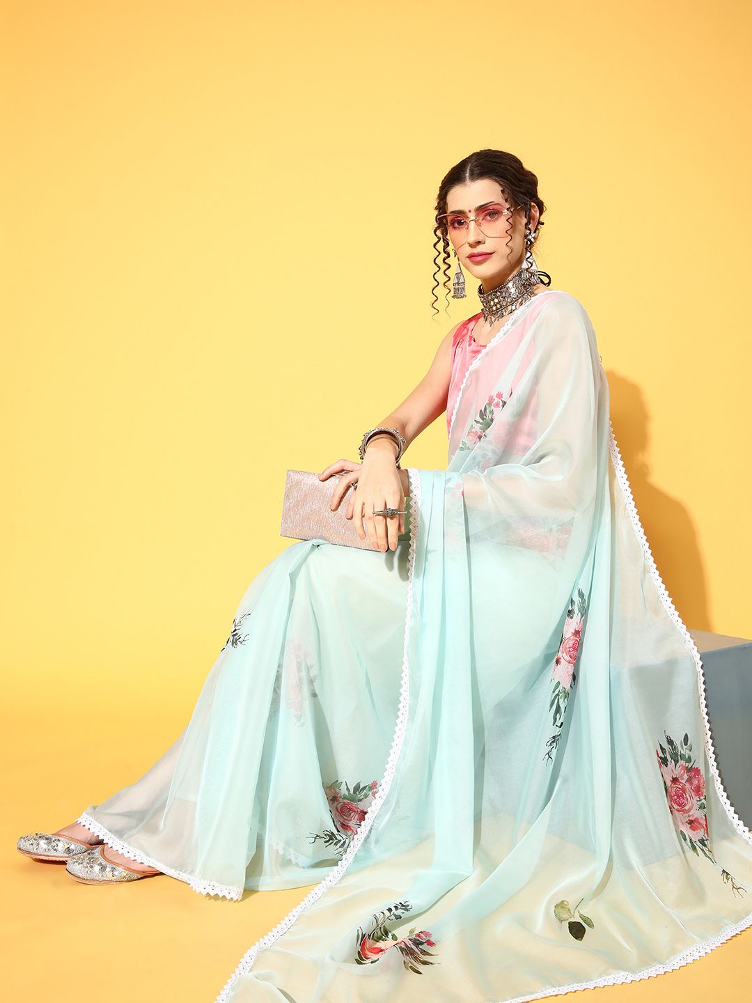 Saree mall Green Floral Print Organza Sarees