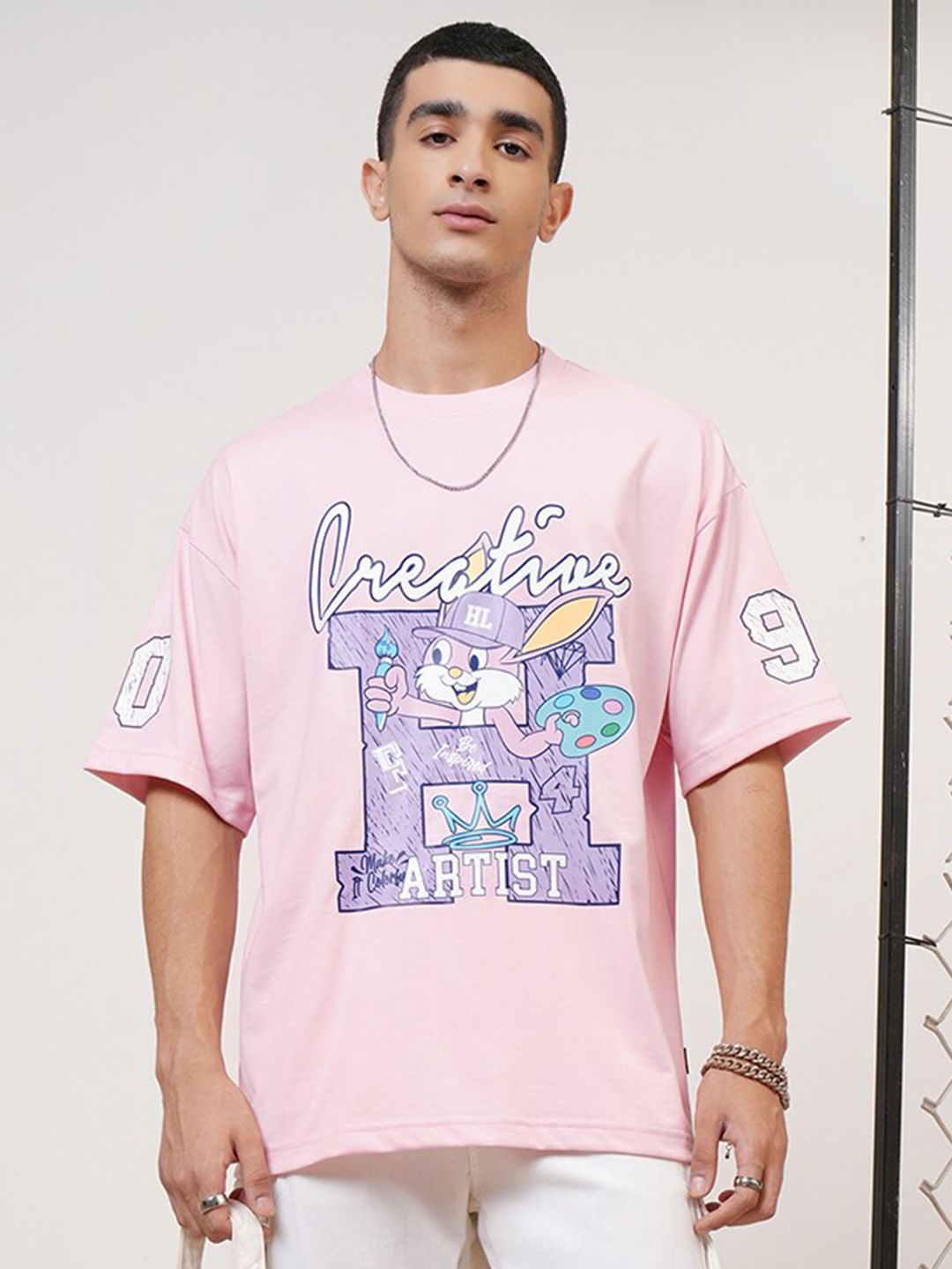 Highlander Lelaki Besar Turun Bahu Bulat Leher Separuh Lengan T Shirt