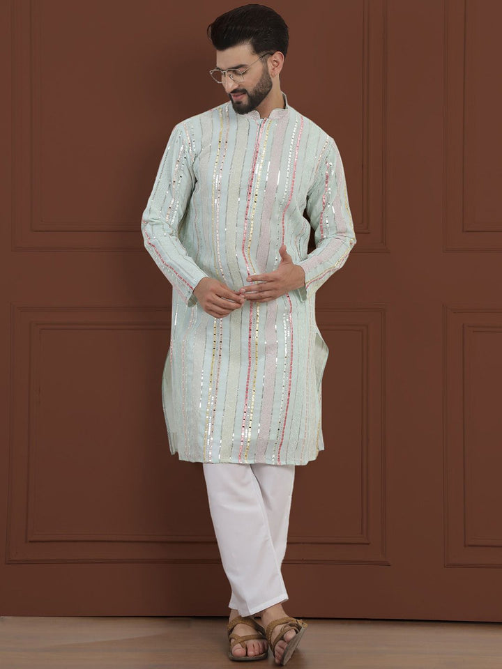 SOJANYA LUXE Striped Embroidered Mandarin Collar Straight Georgette Kurta & Pyjama