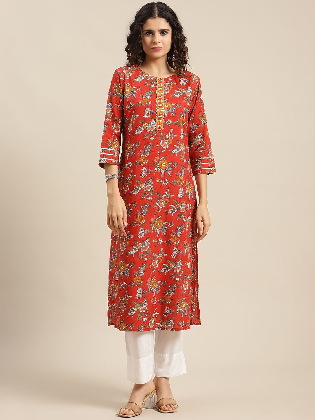 Varanga Women Red & Orange Floral Printed Straight Kurta
