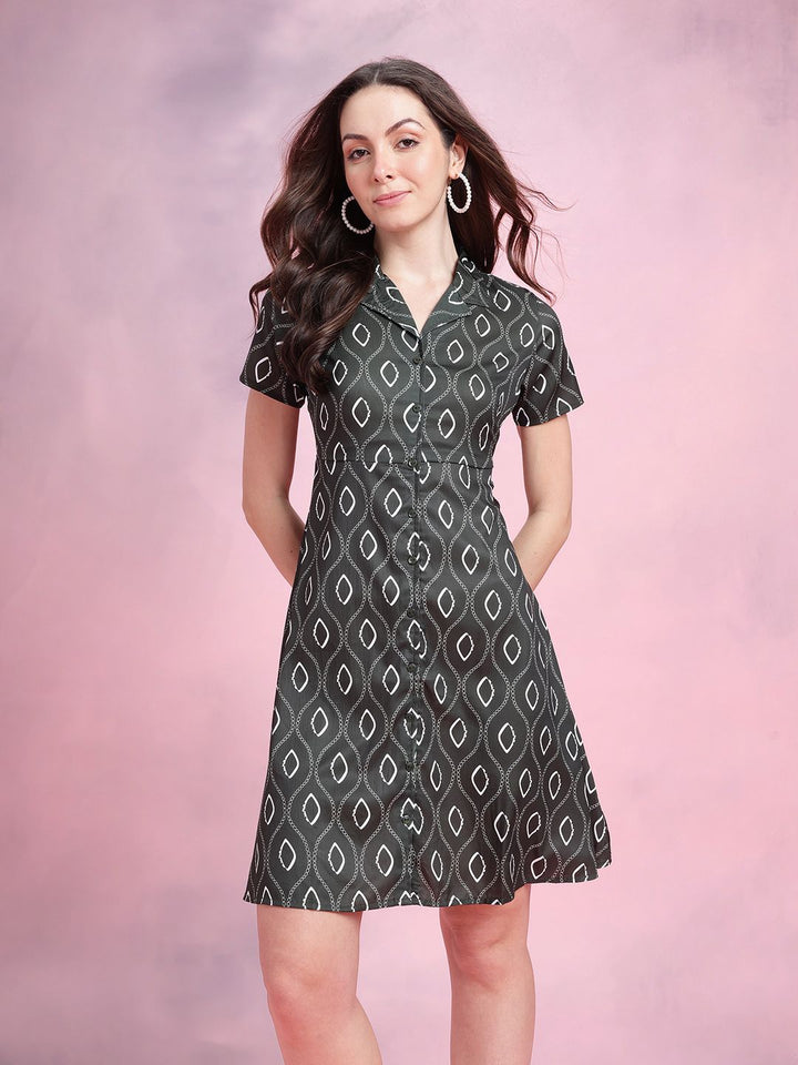 DressBerry Geometric Printed Lapel Collar A-Line Dress