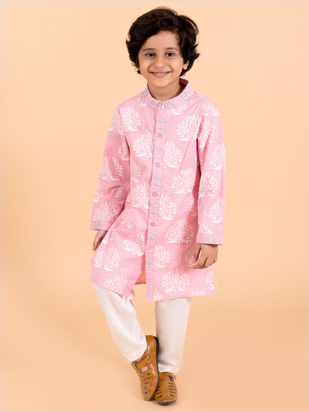 pspeaches Boys Pink Floral Printed Panelled Pure Cotton Kurta with Pyjamas